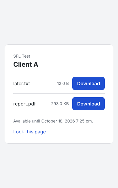 What a client sees after entering the password: the shared files with a Download button for each